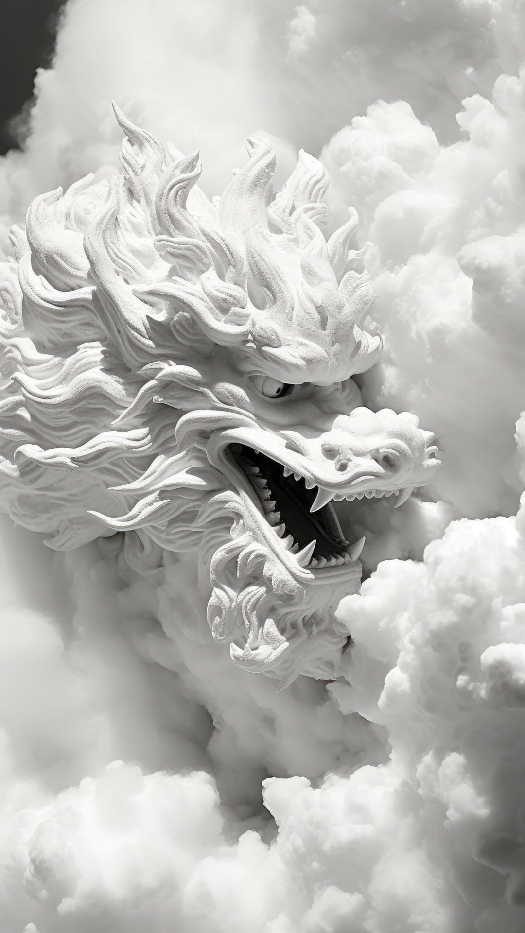 White dragon sculpture with an open mouth rising through dense clouds in a high-contrast black and white scene.