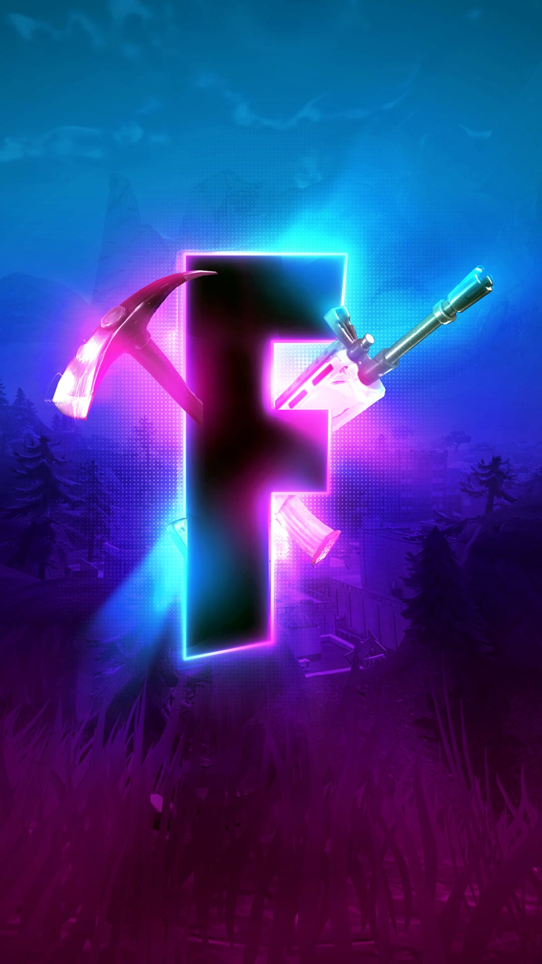 Glowing neon Fortnite F logo flanked by a pickaxe and rifle against a misty mountain landscape at dusk.