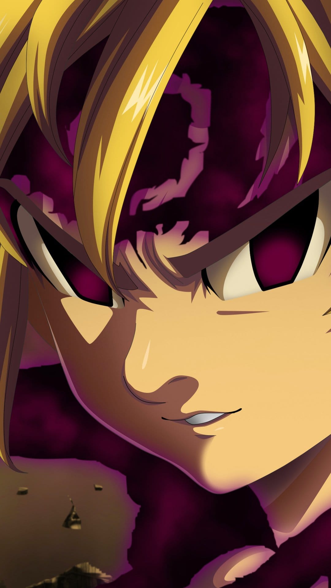 Meliodas in Assault Mode with glowing purple eyes, blonde hair, and black demonic markings on a dark background.