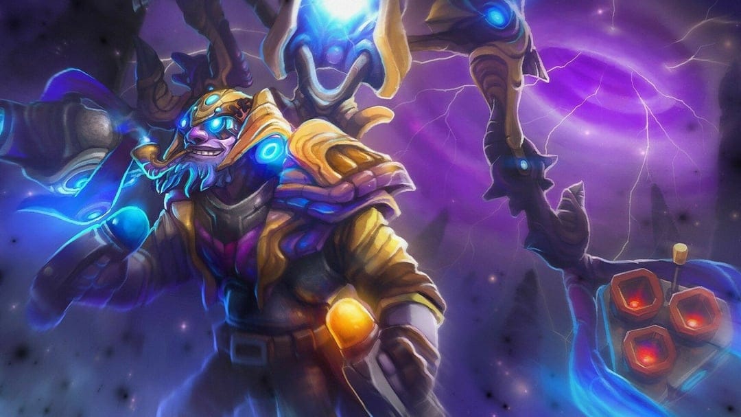 Steampunk engineer character with glowing blue eyes and golden armor amid swirling purple energy and lightning.