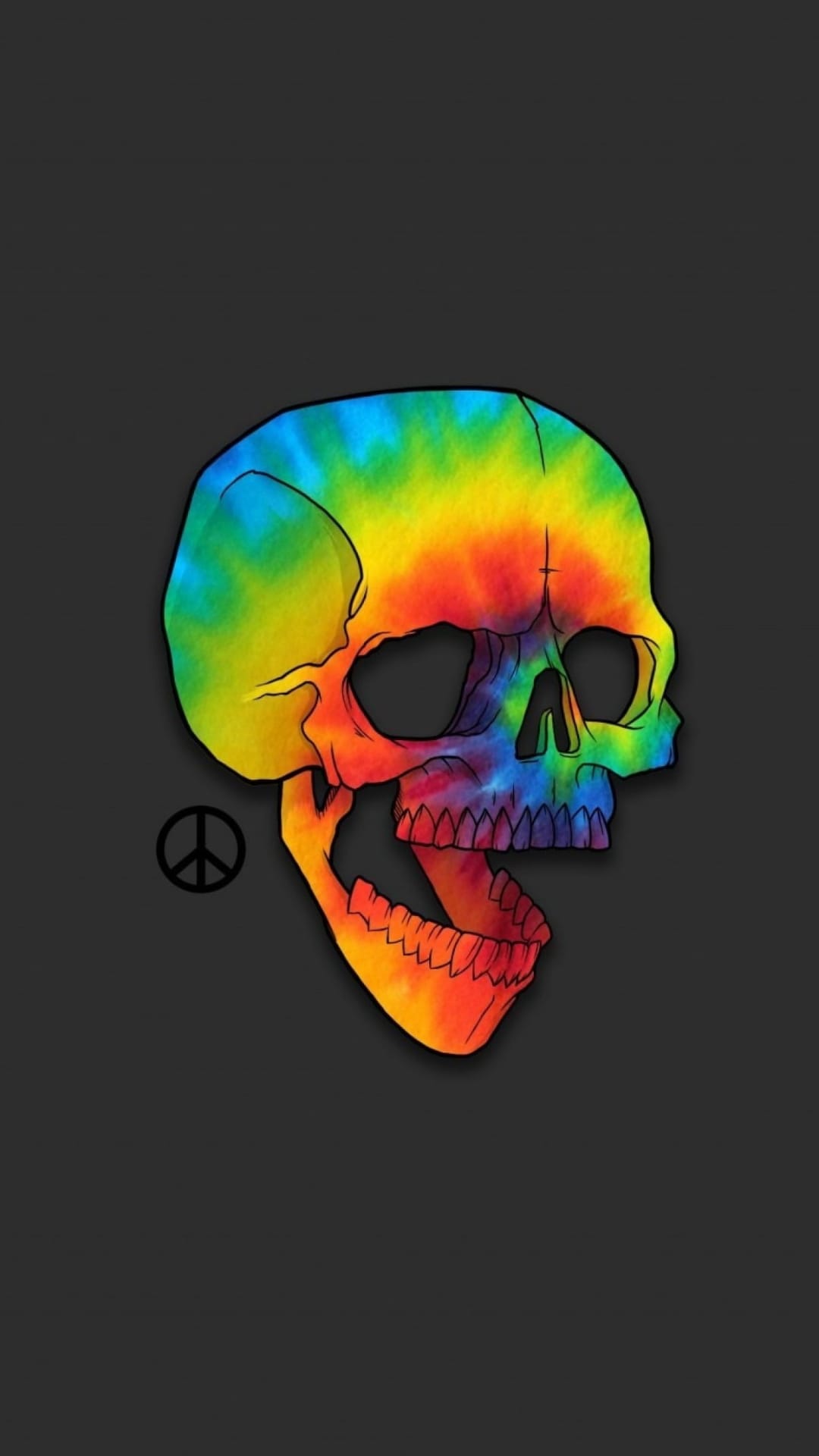Tie-dye skull with a peace sign on its forehead glows with rainbow colors against a solid black background.