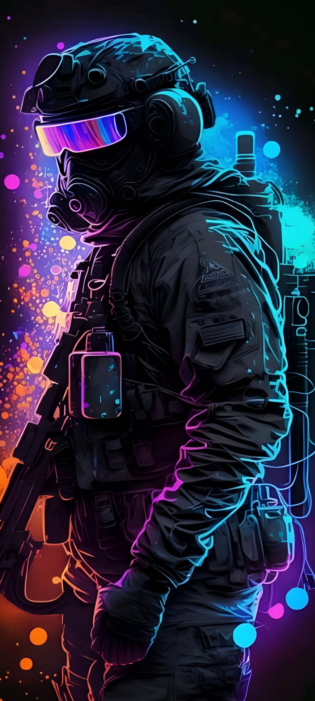 Cyberpunk soldier in a gas mask and neon blue visor illuminated by pink lighting against a dark bokeh background.