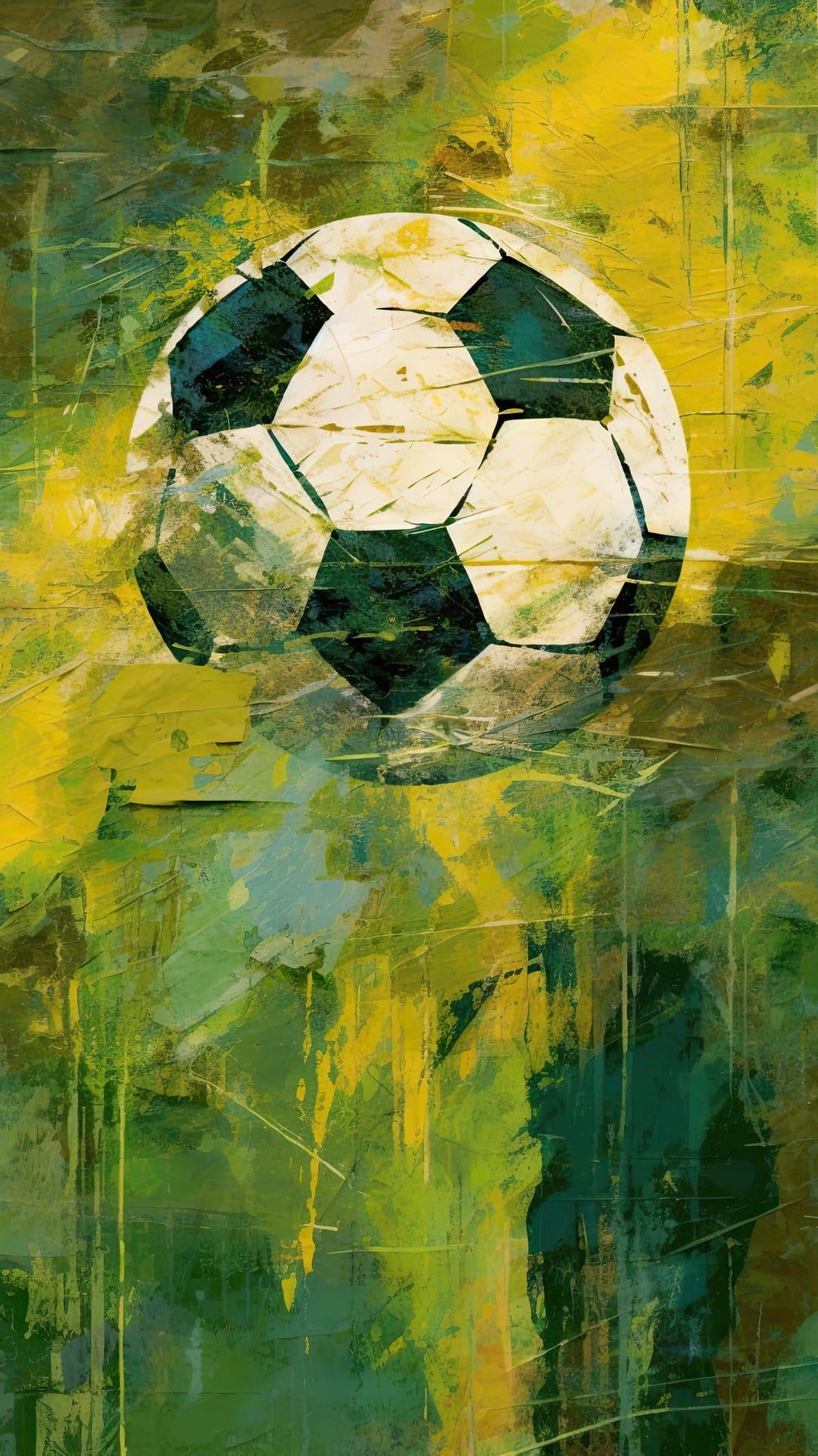 Soccer ball with black and white panels centered in swirling emerald green and vibrant yellow paint textures.