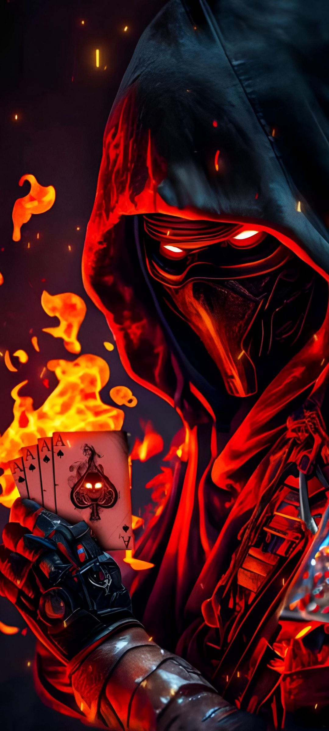 Hooded figure with glowing red eyes holding four burning Ace of Spades cards surrounded by orange flames and sparks.