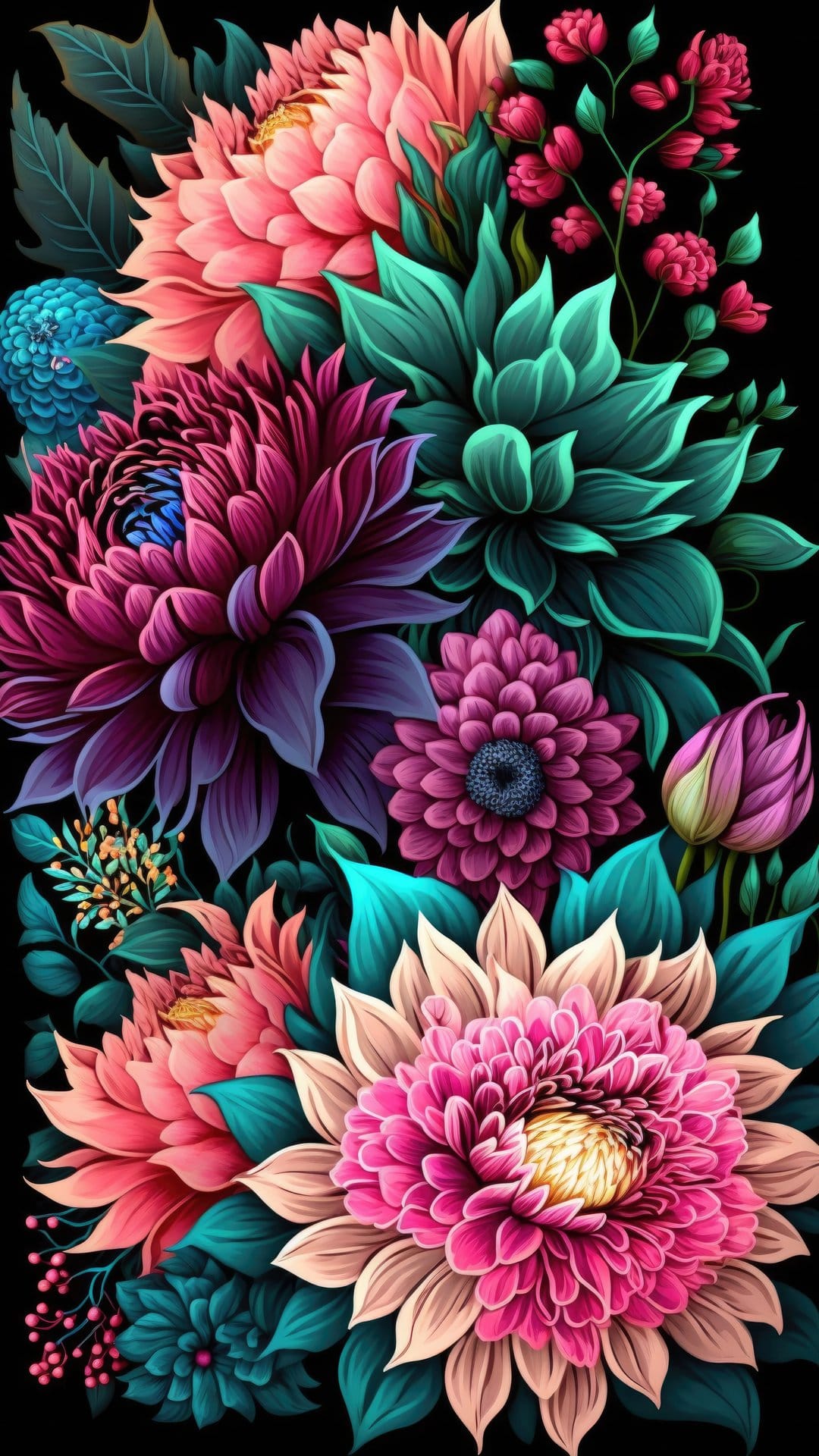 Lush dahlia blossoms in pink, teal, and coral shades with detailed petals against a solid black background.