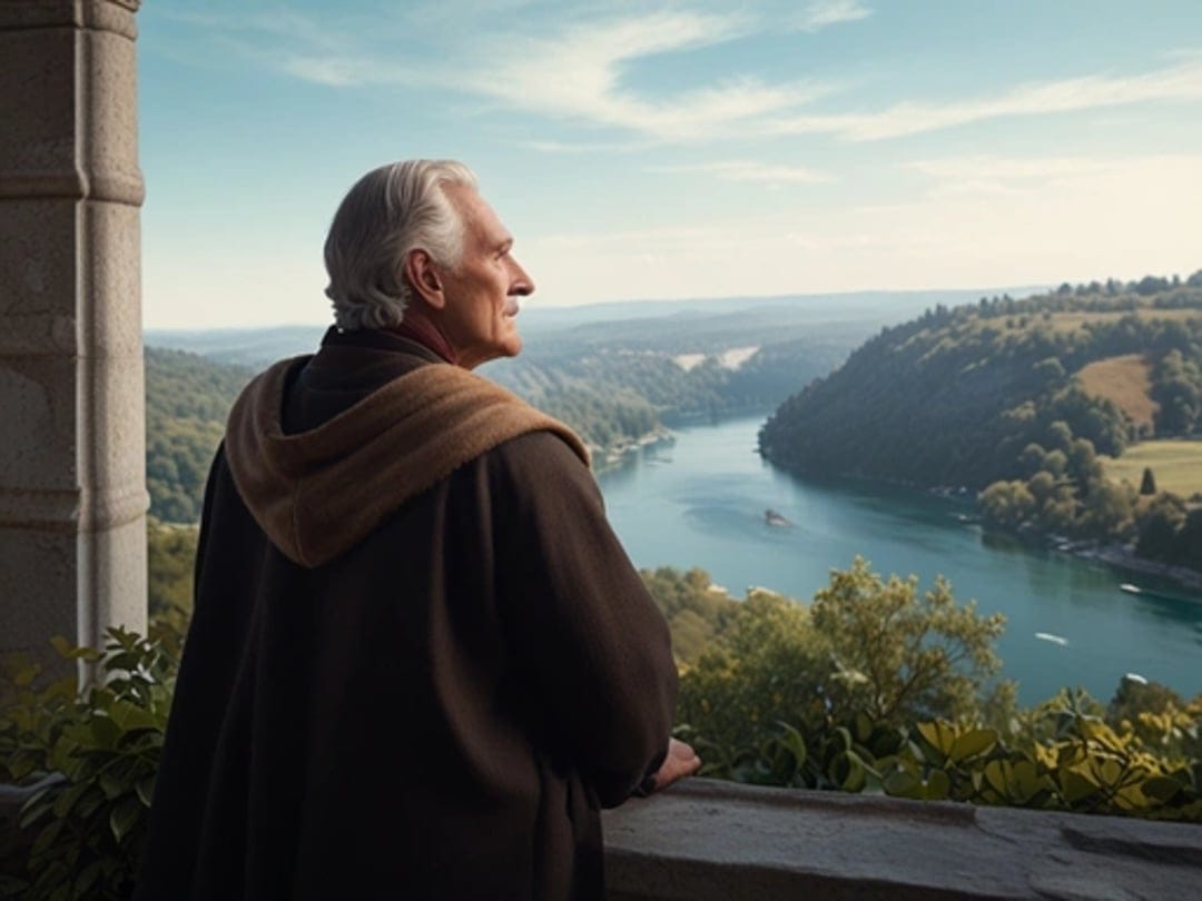 Hooded man in a brown robe gazes from a stone balcony across a lush river valley with boats and rolling hills.