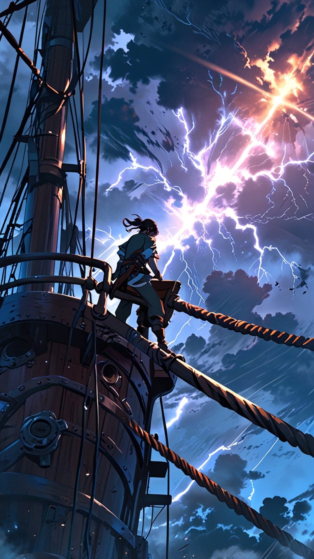 Sailor on a wooden ship deck faces a brilliant white lightning strike under a dark, swirling storm sky at night.