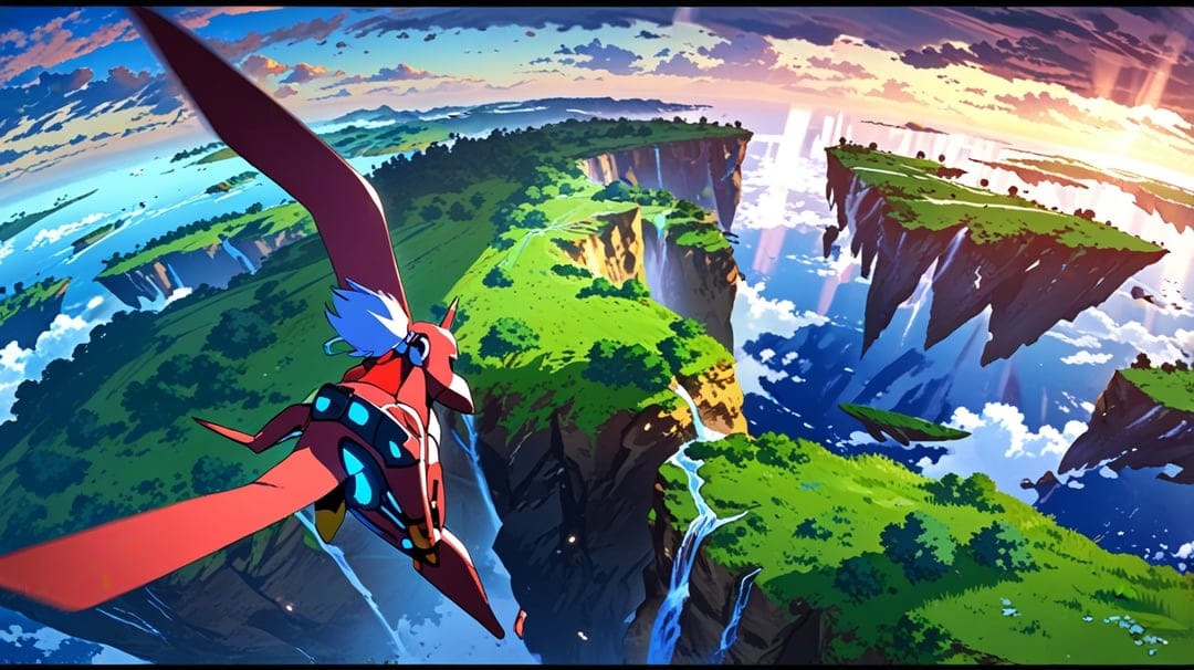 Crimson mechanical dragon soars above floating green islands and waterfalls during a glowing golden sunset.