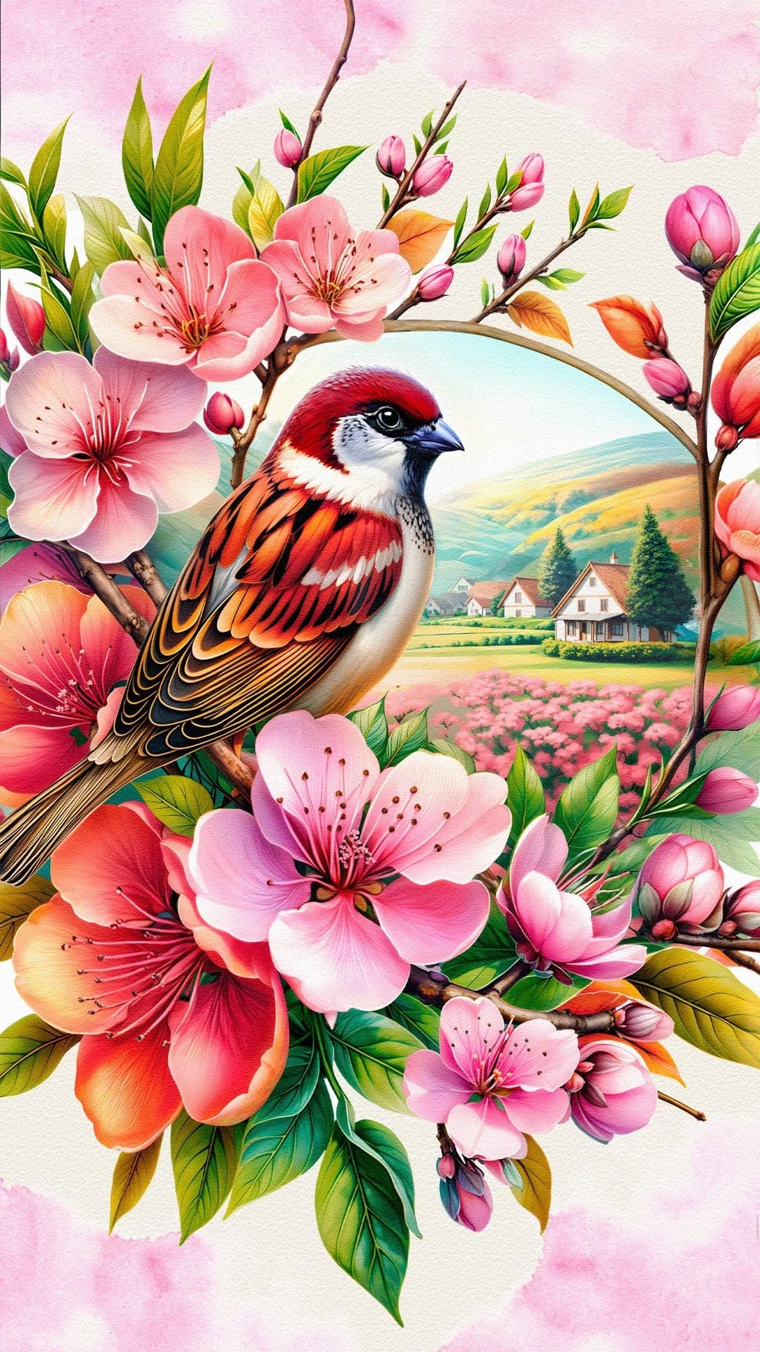 Sparrow perches on a blooming cherry blossom branch overlooking a landscape of hills, houses, and flower fields.