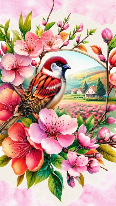 sparrow,flowers,houses,mountains,art