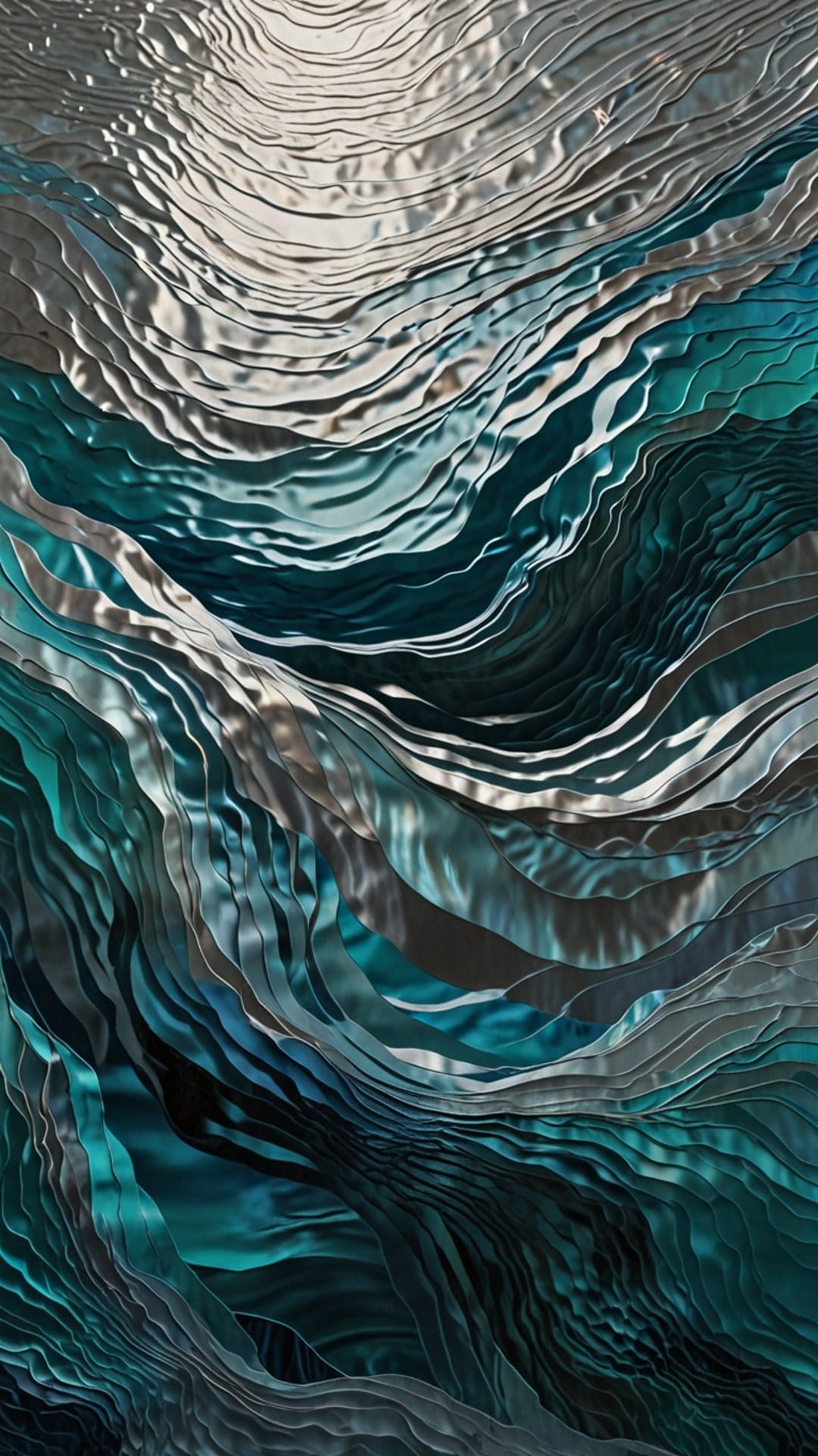 Teal and silver waves ripple across a textured surface with metallic highlights and deep shaded contours.