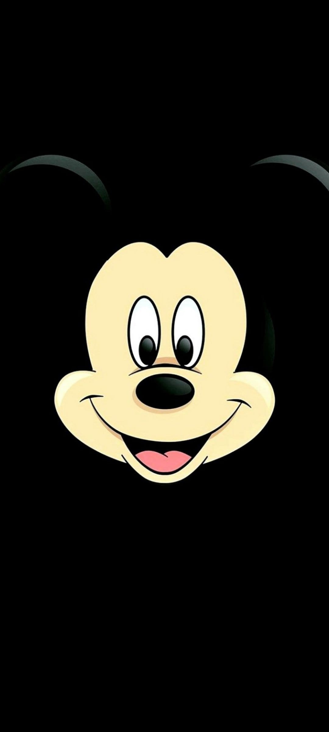 Mickey Mouse face with a happy smile and large round ears centered against a solid black vertical background.