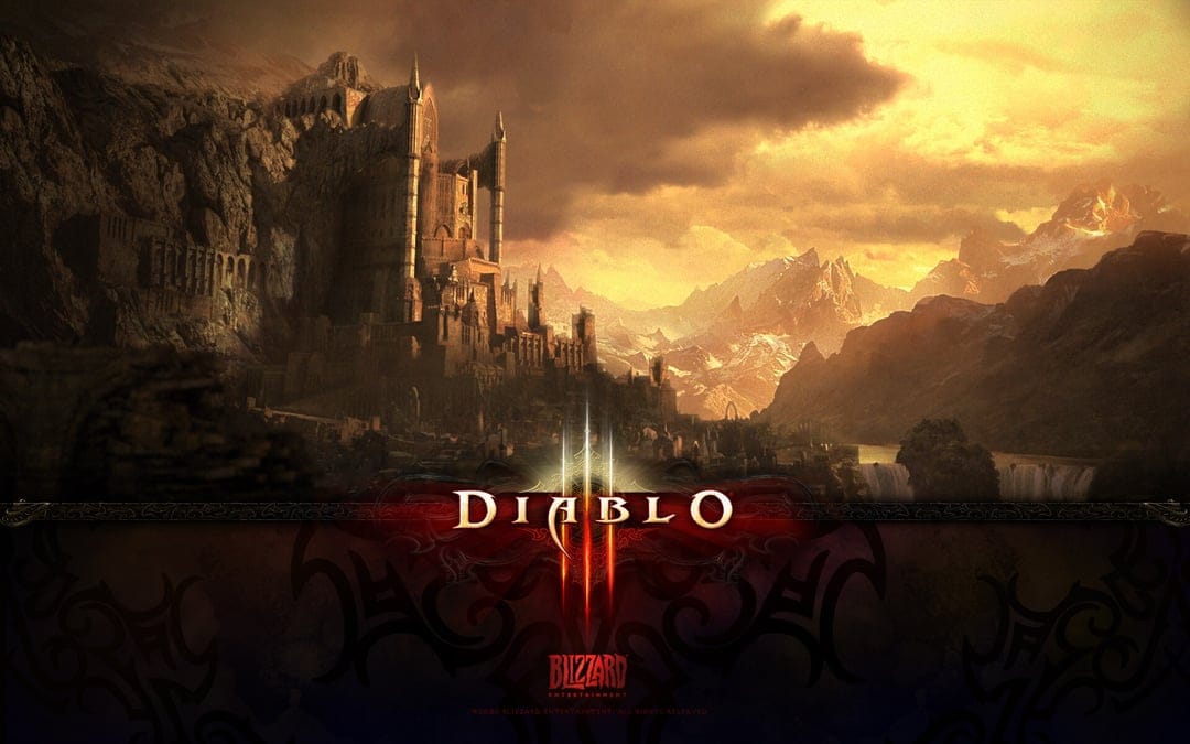 Gothic castle fortress built into a cliffside under a golden sunset with the Diablo III logo at the bottom.