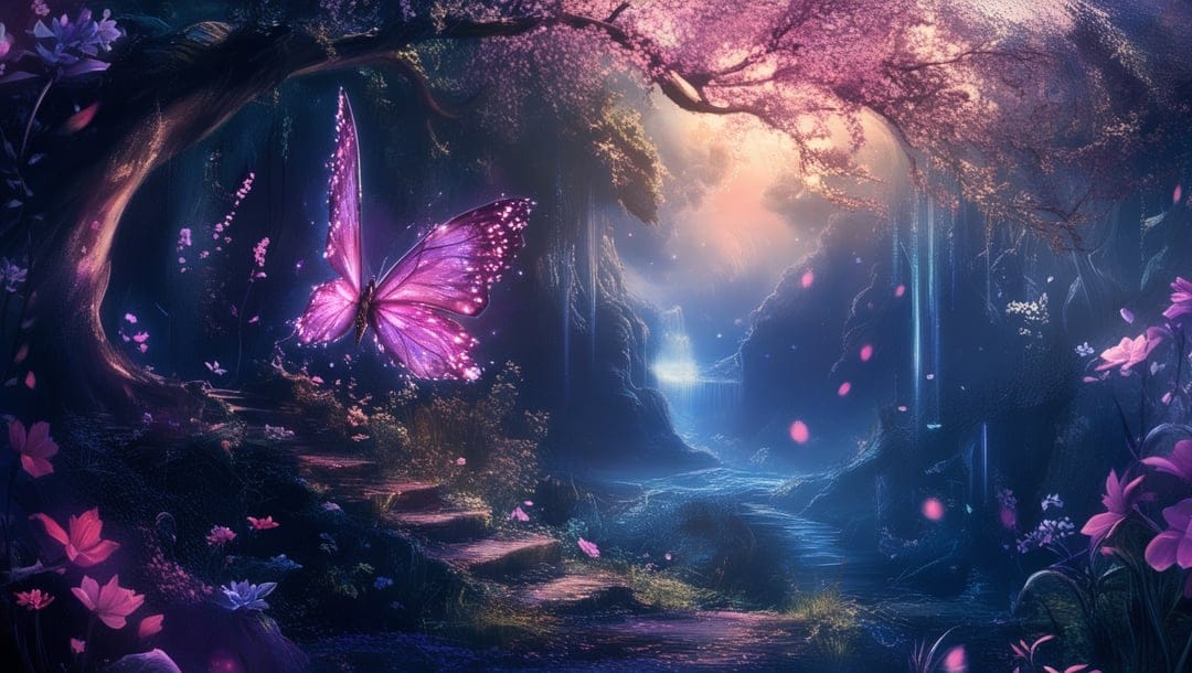 Glowing purple butterfly hovering over pink wildflowers and a winding path inside a misty, luminous forest.