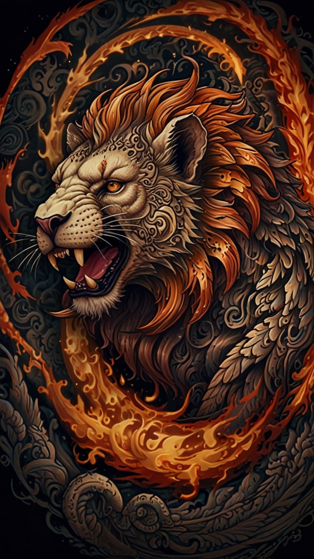 Roaring lion with an ornate tribal mane surrounded by glowing orange swirls and dark intricate patterns.