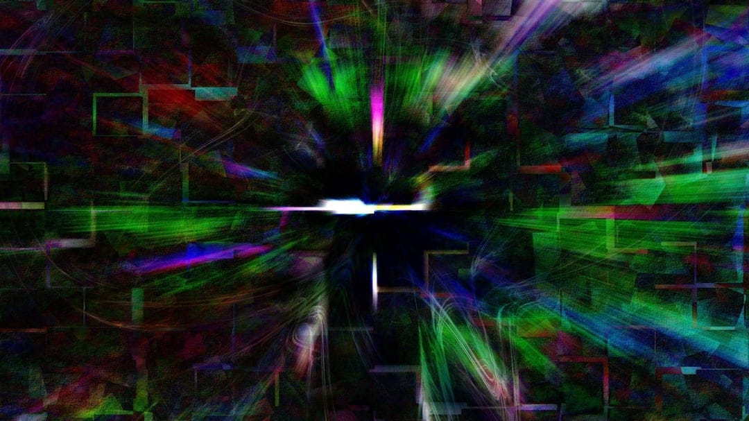 Glowing central light source emitting neon pink and blue energy streaks over a dark geometric glitch texture.