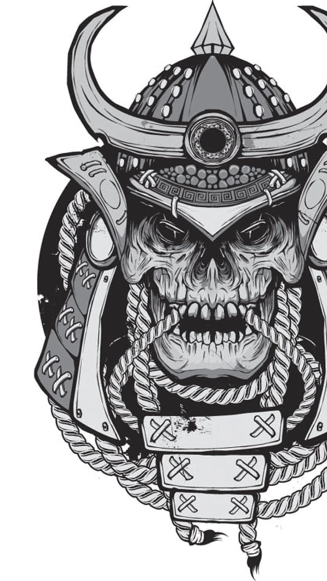 Skeletal warrior skull with curved helmet horns and intricate ropes against a solid dark background.