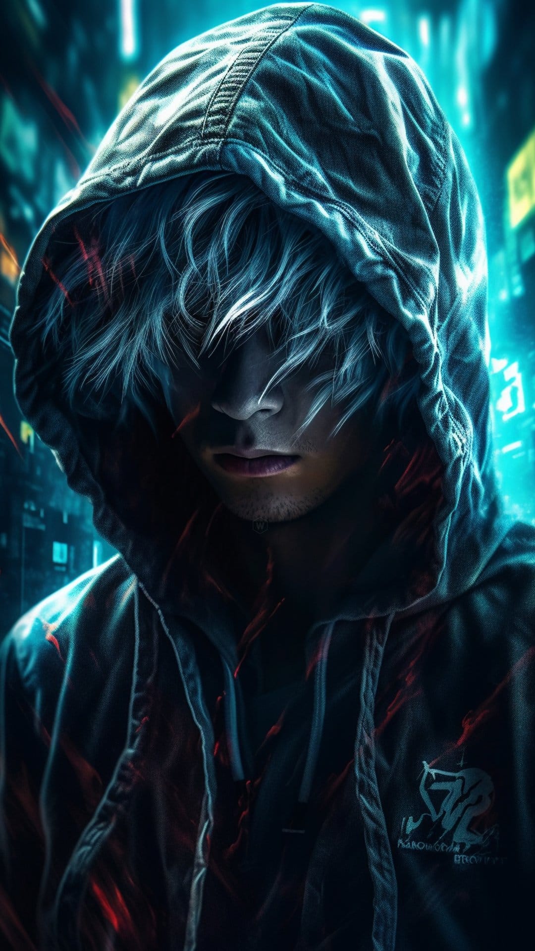 Hooded figure with long white hair faces away from blurry red and blue neon city lights in a dark urban night.