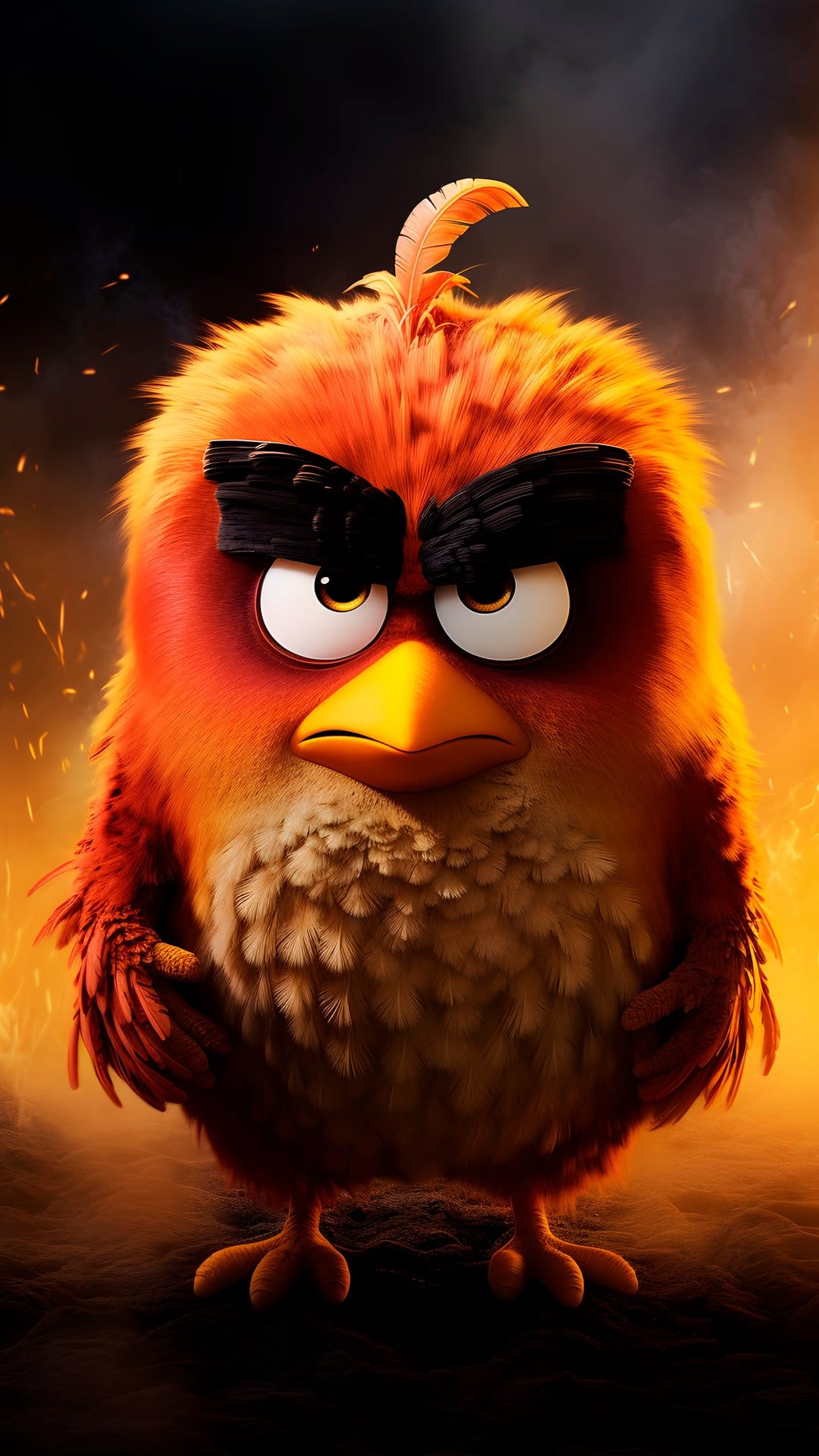Red bird with a stern facial expression stands centered against a backdrop of burning fire and floating embers.