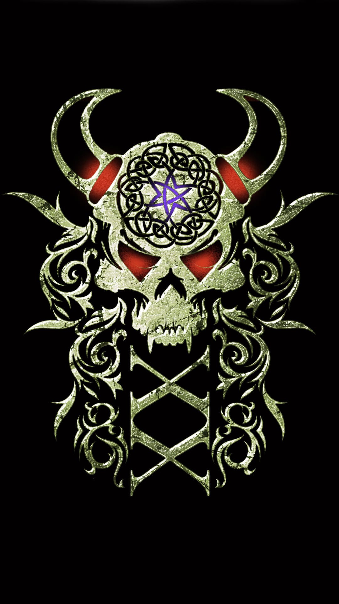 Weathered Viking skull with glowing red eyes and a purple pentagram surrounded by intricate Celtic knotwork.