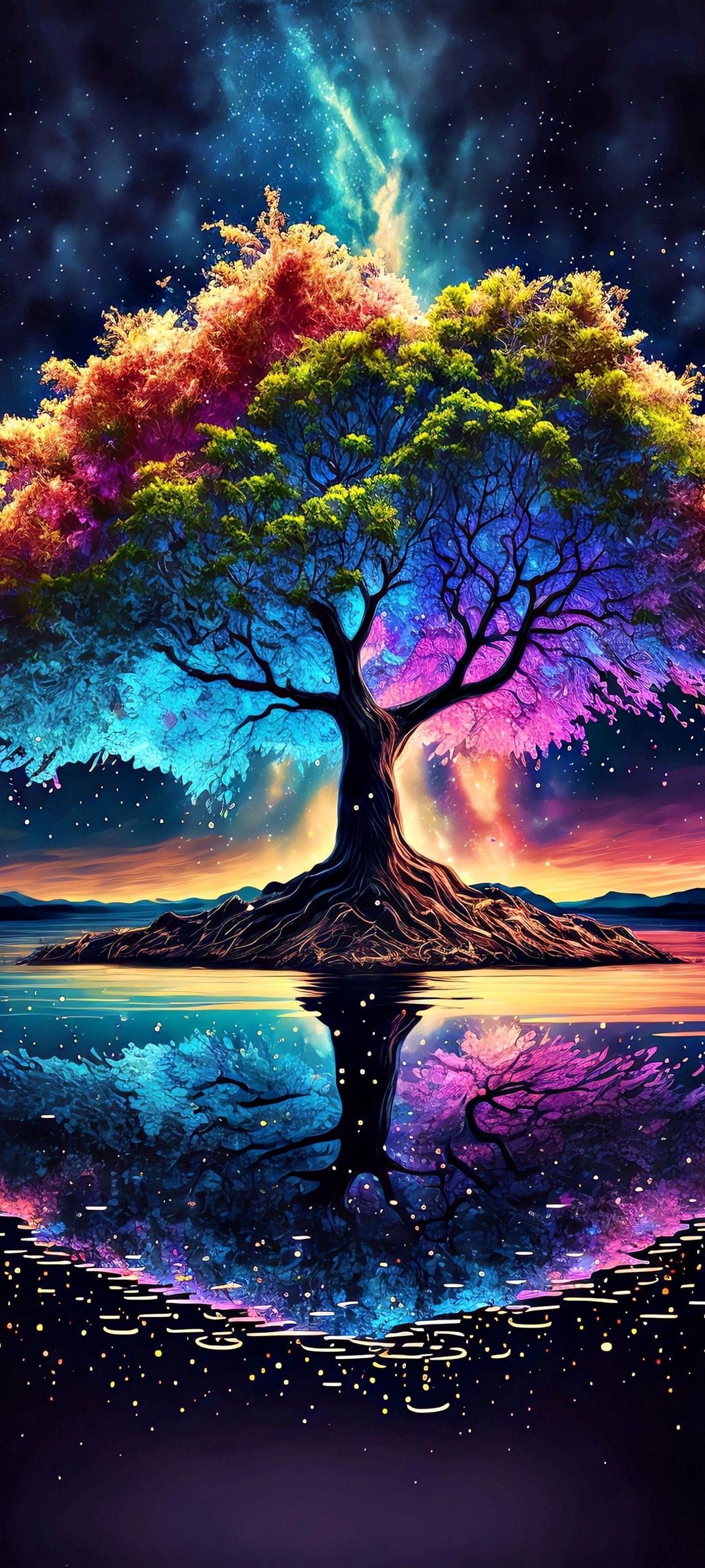 Luminous tree of life with colorful branches reflecting in calm water beneath a starry purple and blue nebula.