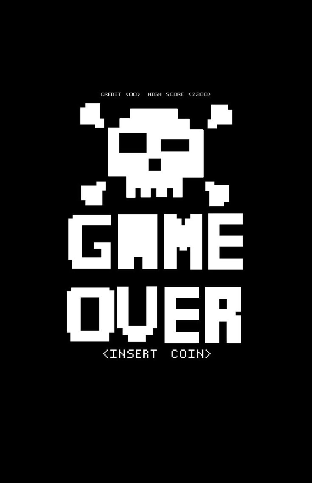 Pixelated skull and crossbones icon centered between Game Over text and an Insert Coin prompt on a black screen.