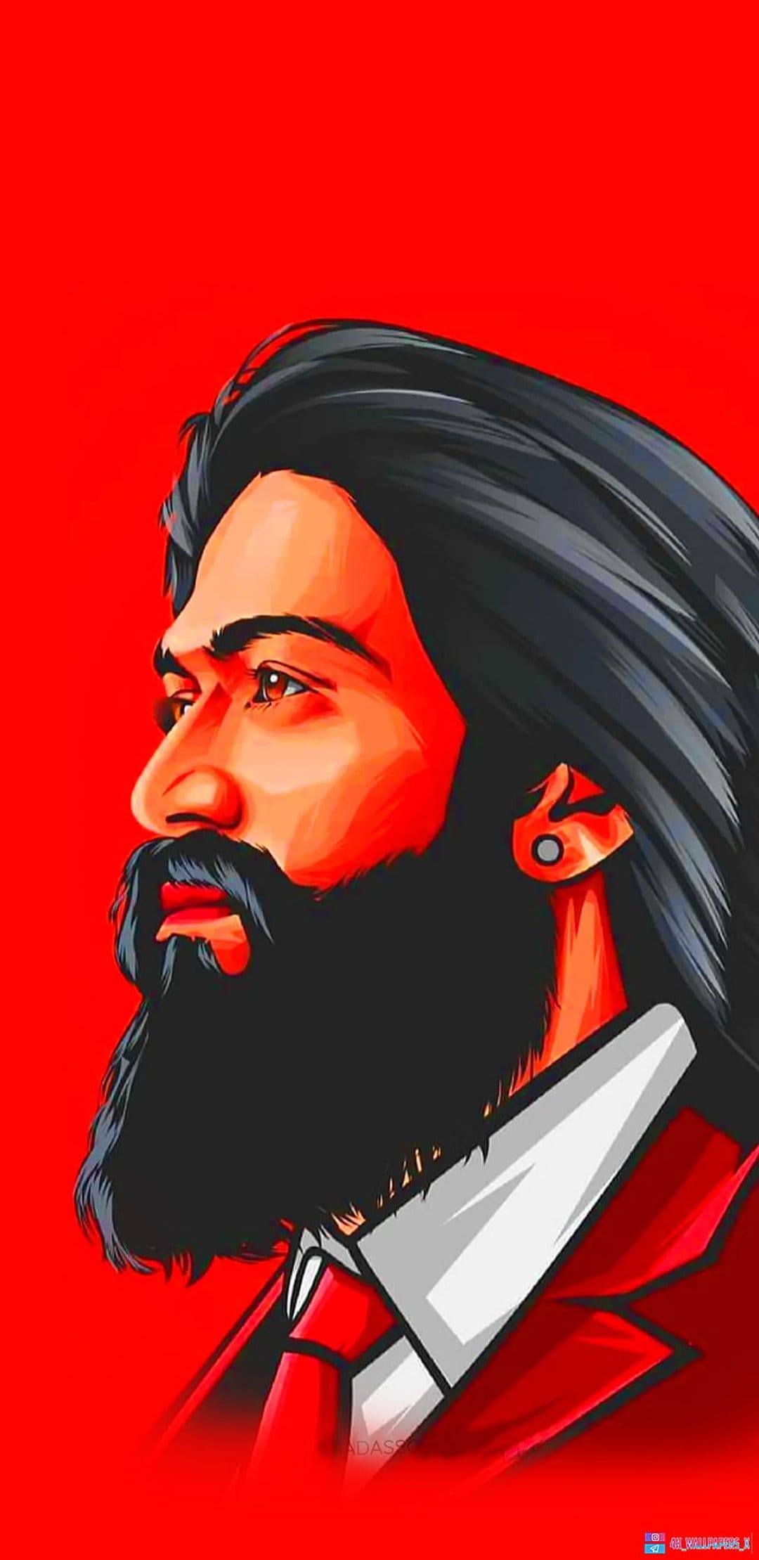 Rocky Balboa with a beard and long hair poses in profile against a solid red background with sharp graphic lines.