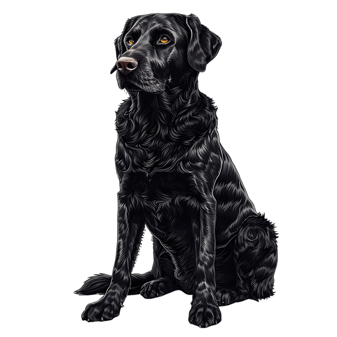 Black Labrador Retriever dog sits in profile showing detailed glossy black fur and amber eyes on a dark background.