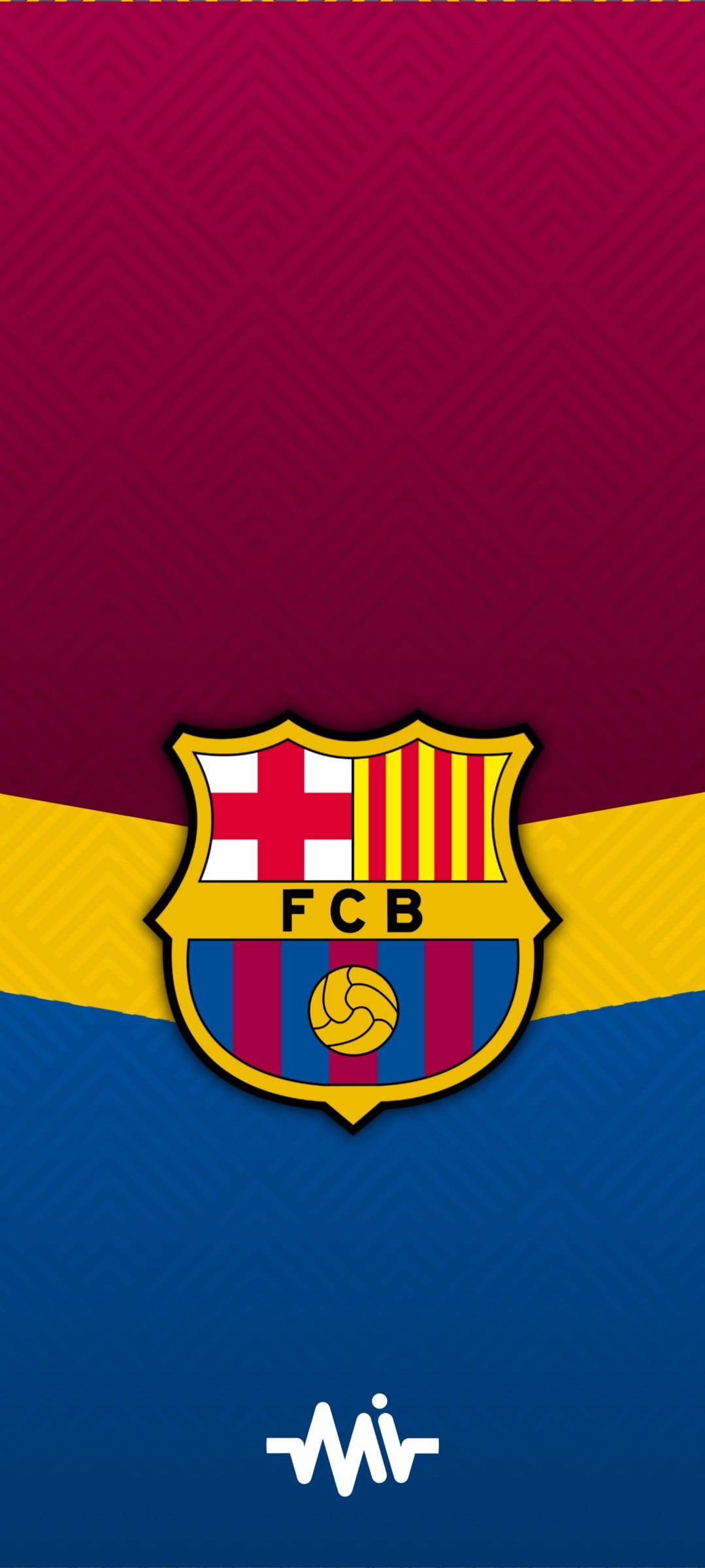FC Barcelona club crest centered over vertical maroon and blue stripes with a yellow soccer ball at the bottom.