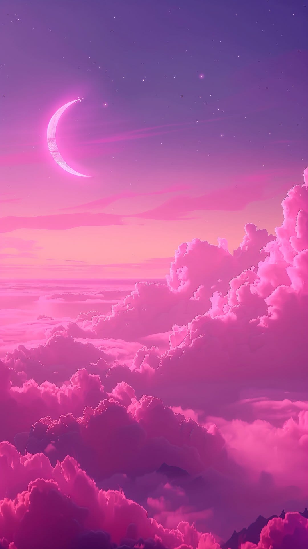 Silver crescent moon shines over fuchsia clouds within a purple gradient sky filled with shimmering stars.