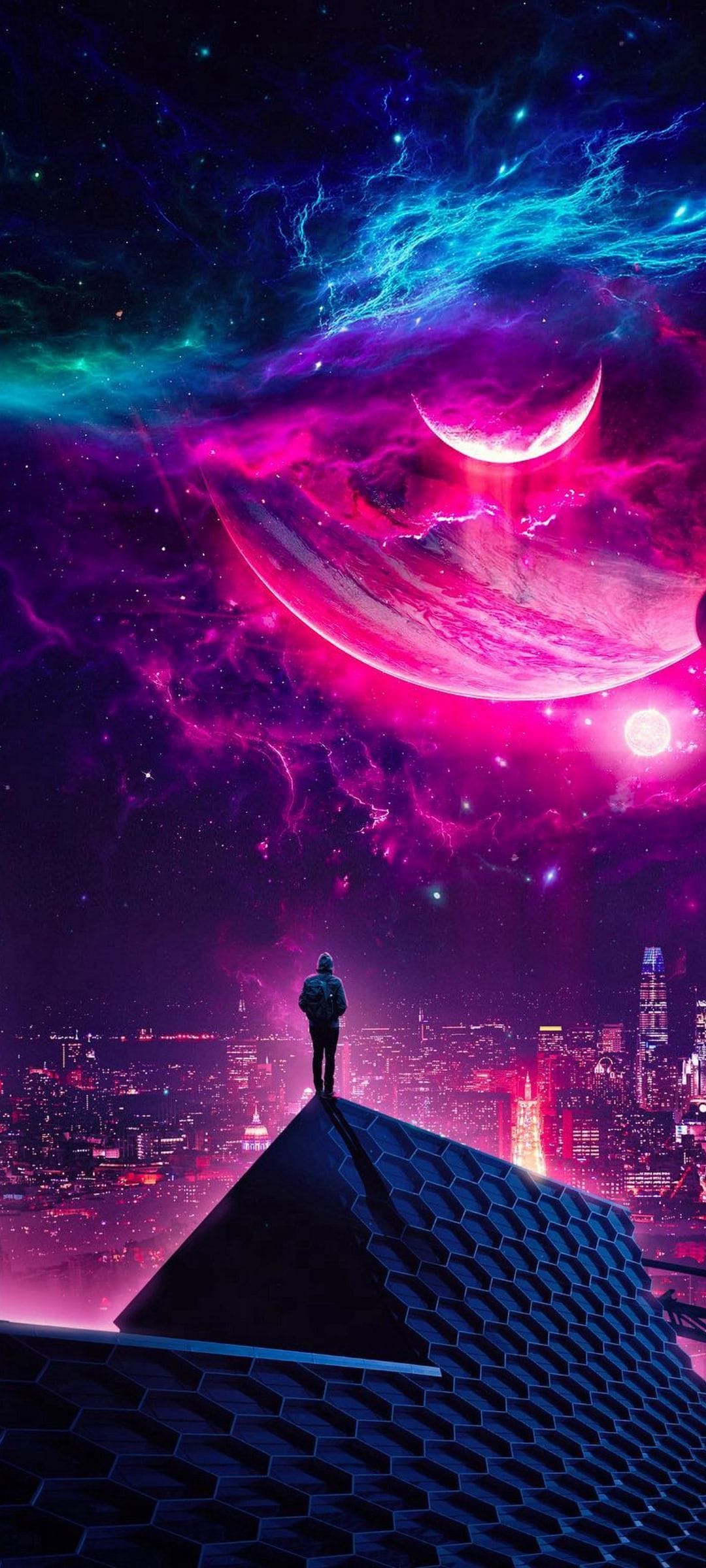 Astronaut in silhouette looks out from a skyscraper toward a vibrant pink nebula and glowing celestial planets.