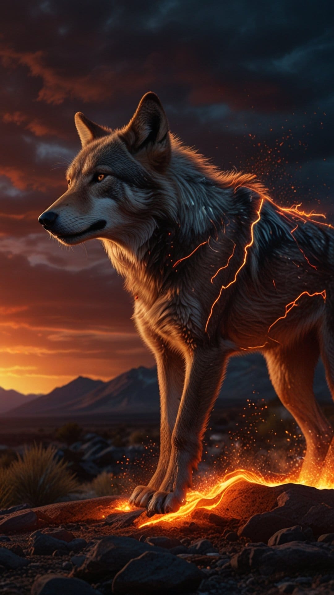Wolf standing on rocks with orange flames flickering from its fur under a dramatic sunset and dark storm clouds.