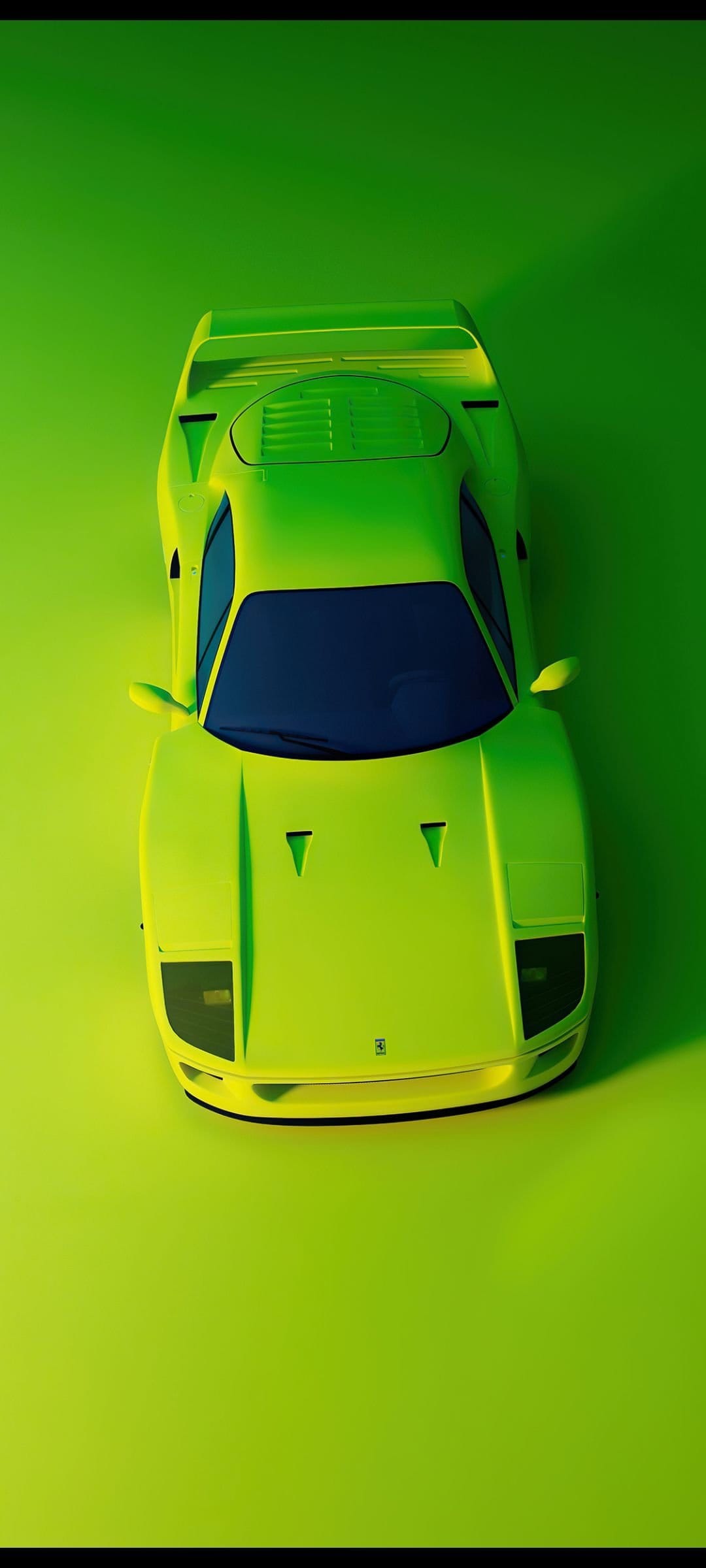 Ferrari F40 supercar in lime green on a matching surface in a minimalist overhead shot for phone screens.