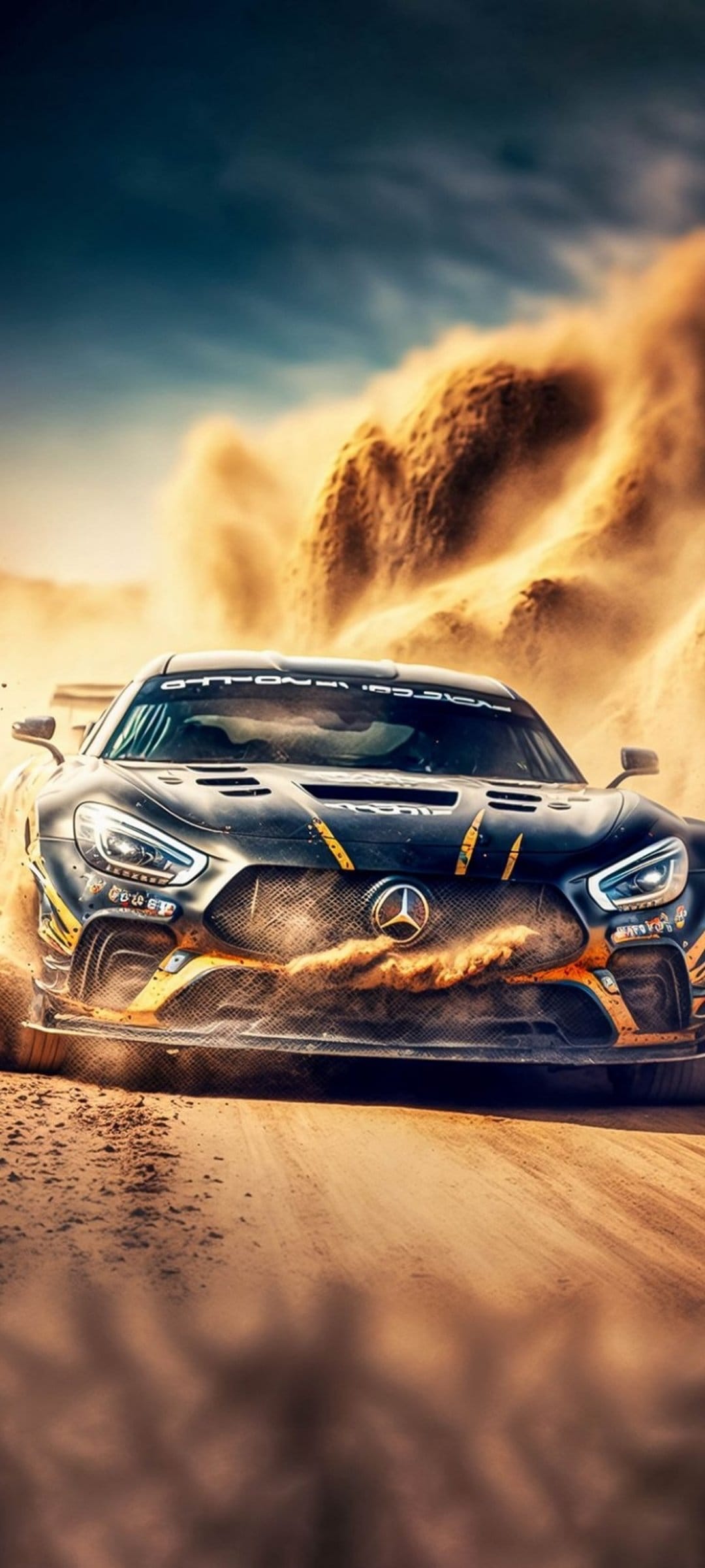 Black Mercedes-AMG GT R rally car racing through golden desert sand dunes with a focused, dynamic motion blur.