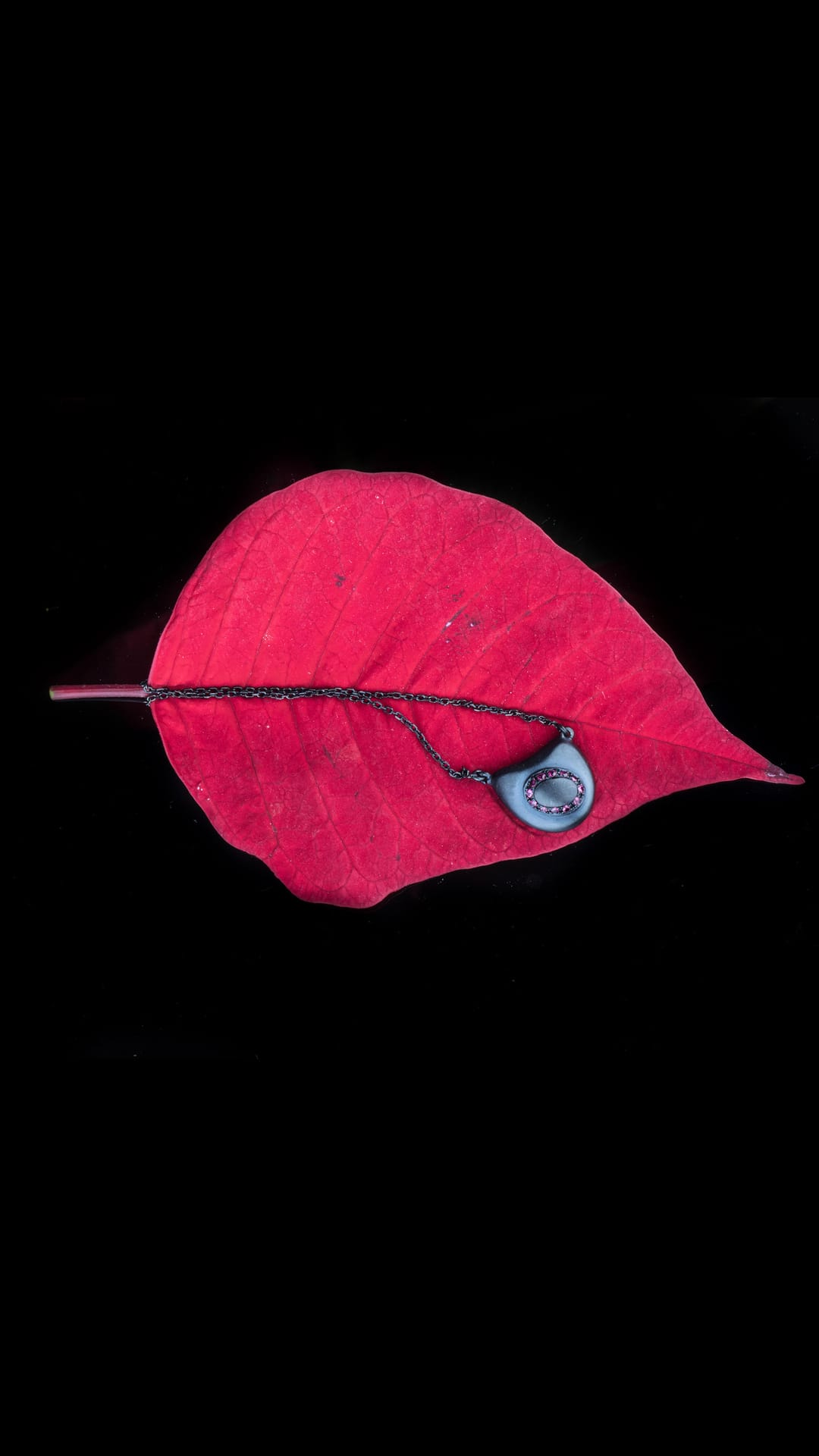 Dark gray ornate pendant resting on a textured red leaf against a solid black background in a macro shot.