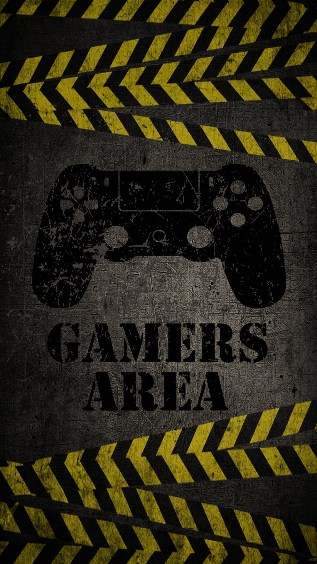 Distressed game controller silhouette between yellow hazard stripes on a dark textured phone background.
