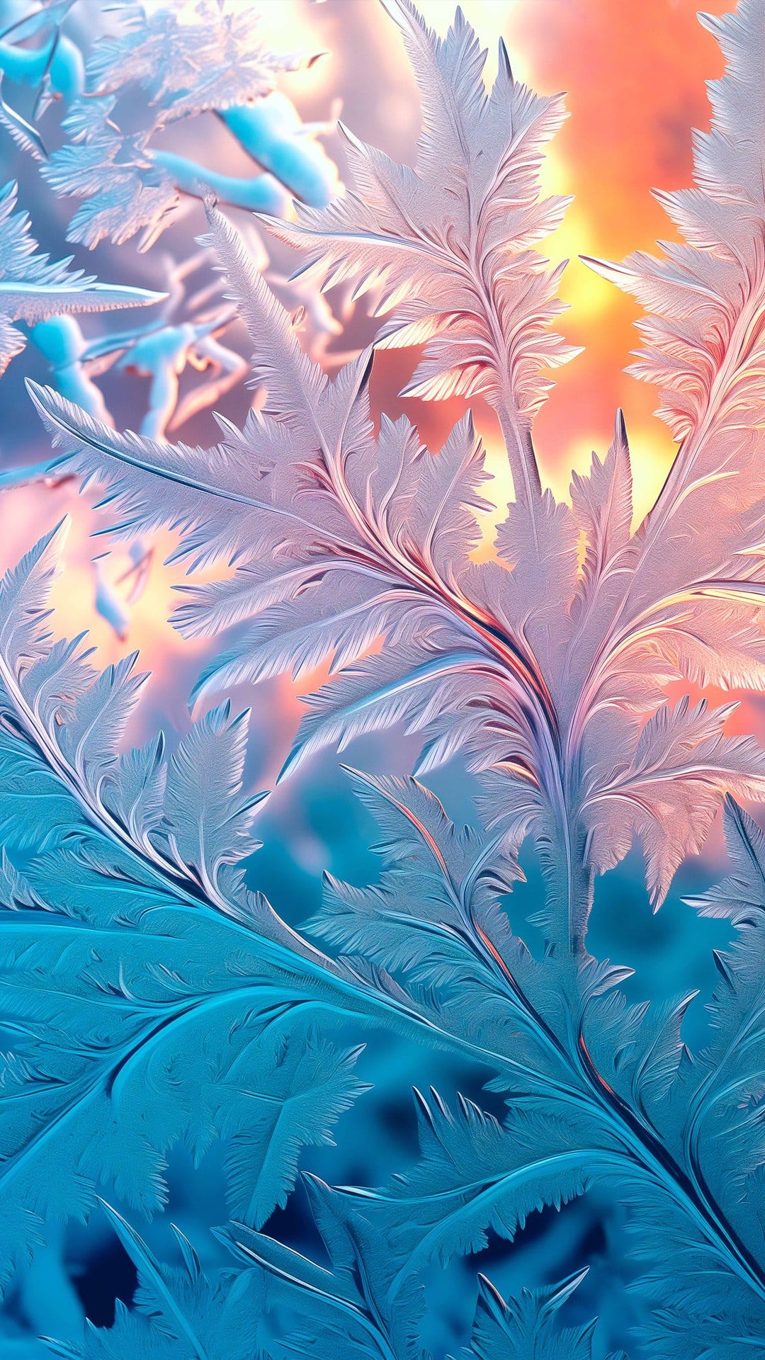 Crystalline frost patterns shaped like fern leaves glow against a warm orange and pink sunset on a window pane.