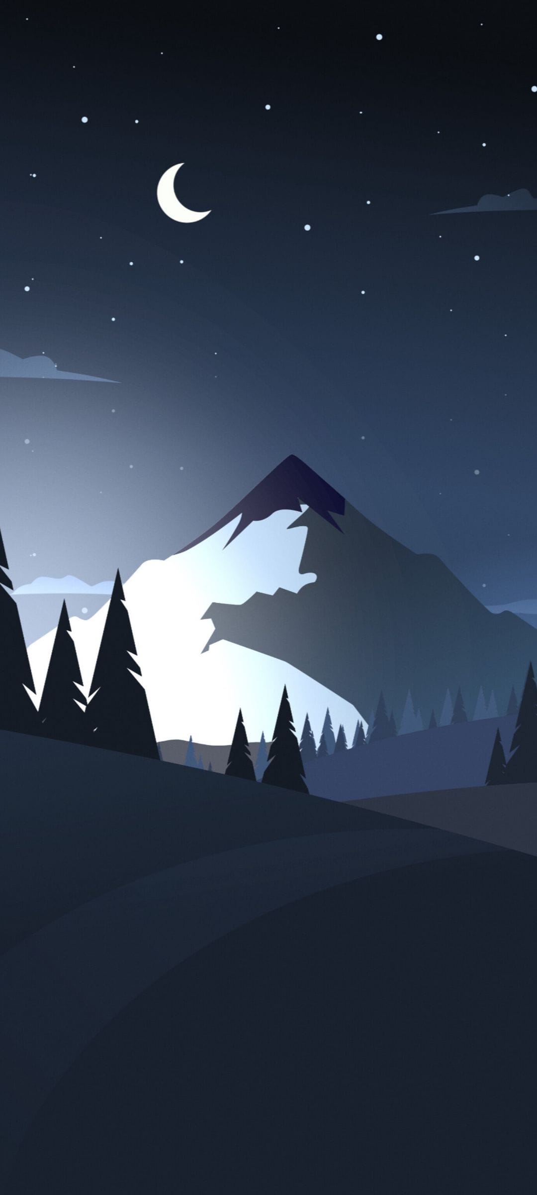 Snow-capped mountain peak stands under a slender crescent moon and a starry sky with silhouetted pine trees.