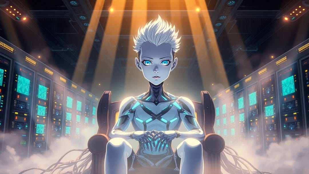 Android boy with glowing blue eyes and metallic body sits in a chair inside a foggy, high-tech server facility.