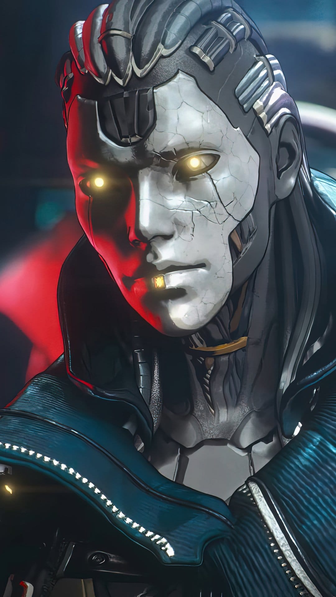 Android with a cracked white face and glowing yellow eyes wears a dark futuristic jacket with red lighting.