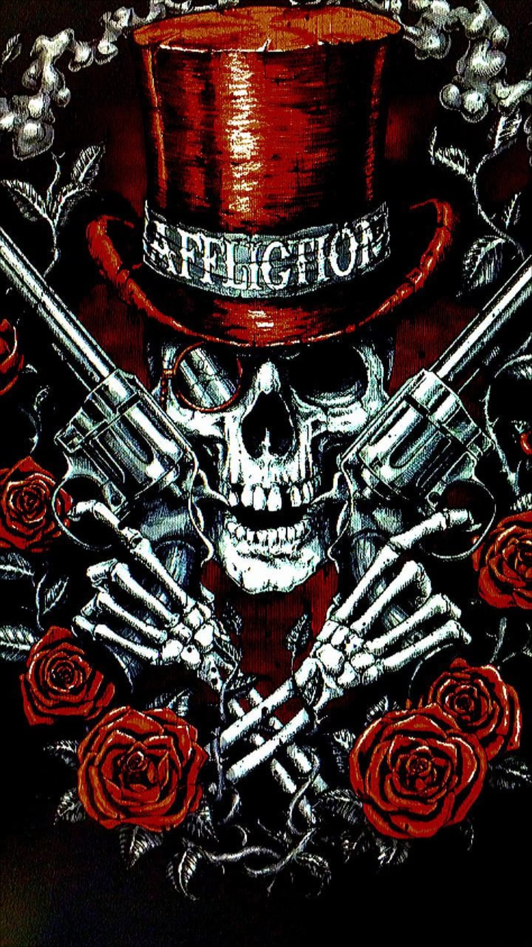 Skull wearing a red top hat while holding two revolvers surrounded by deep crimson roses and thorny vines.