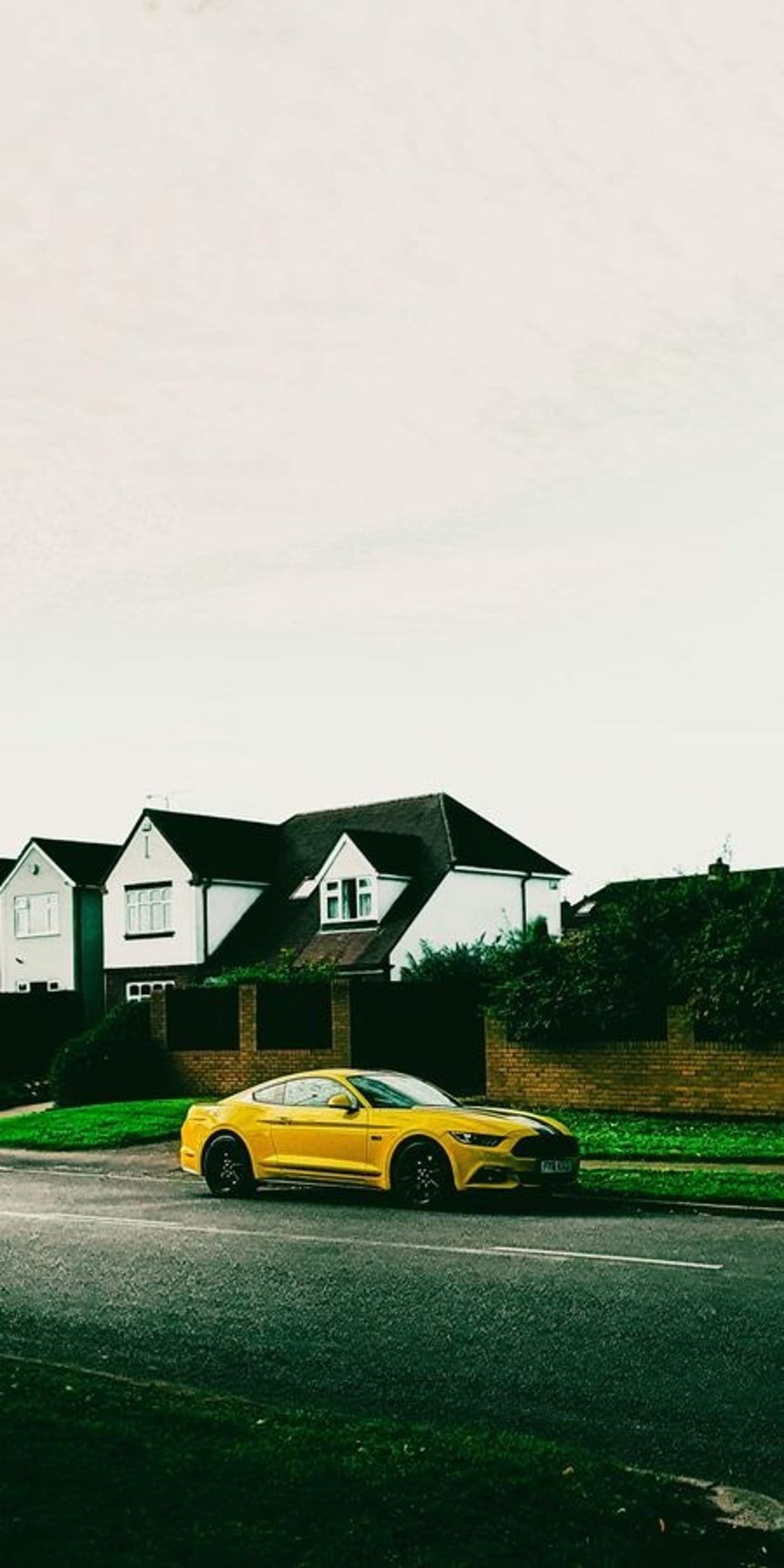 Yellow Ford Mustang parked beside green hedges and suburban houses under a cloudy gray sky in vertical view.