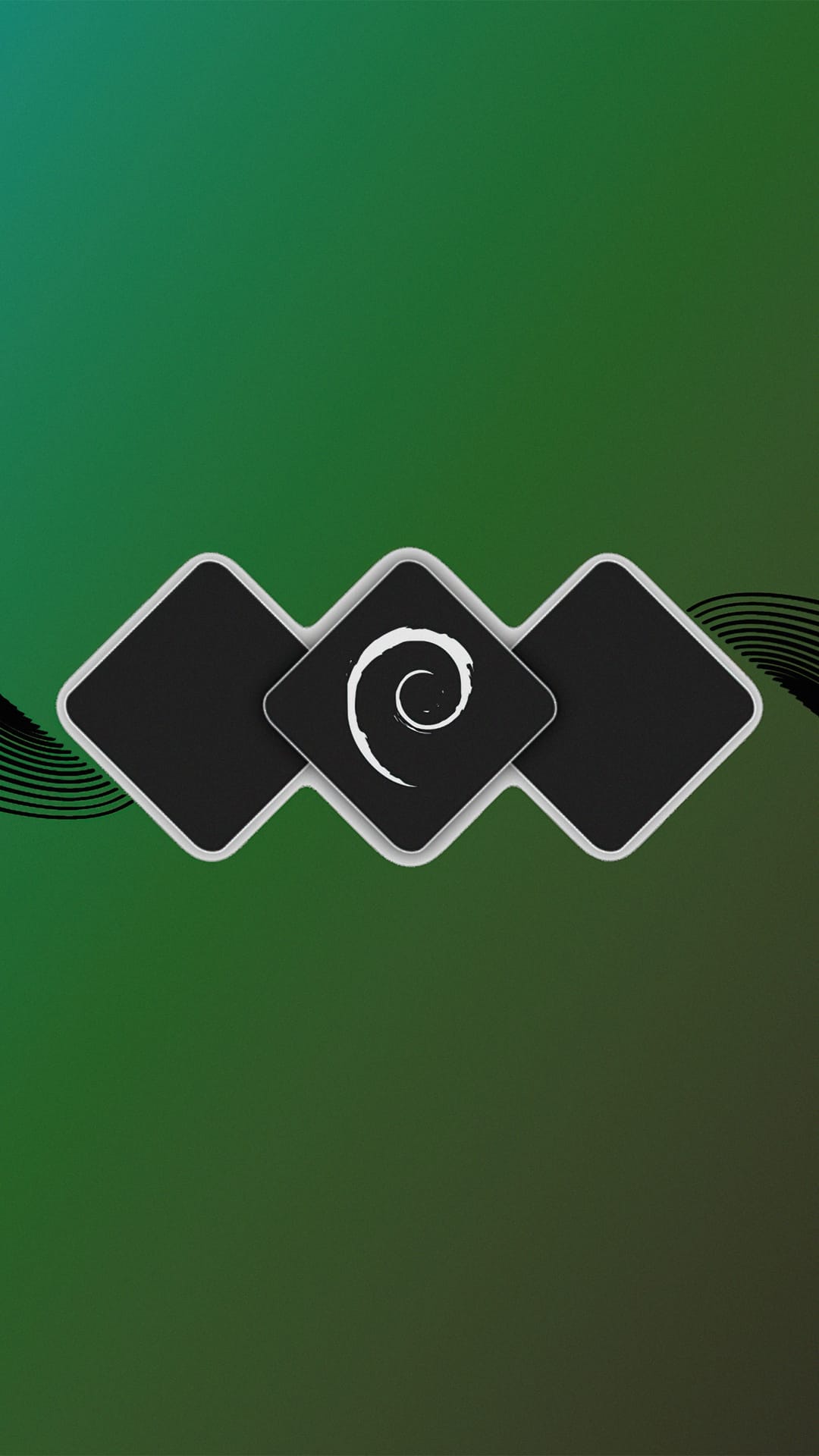 Debian swirl logo on stacked rounded squares over a vibrant green and black gradient with abstract wavy lines.