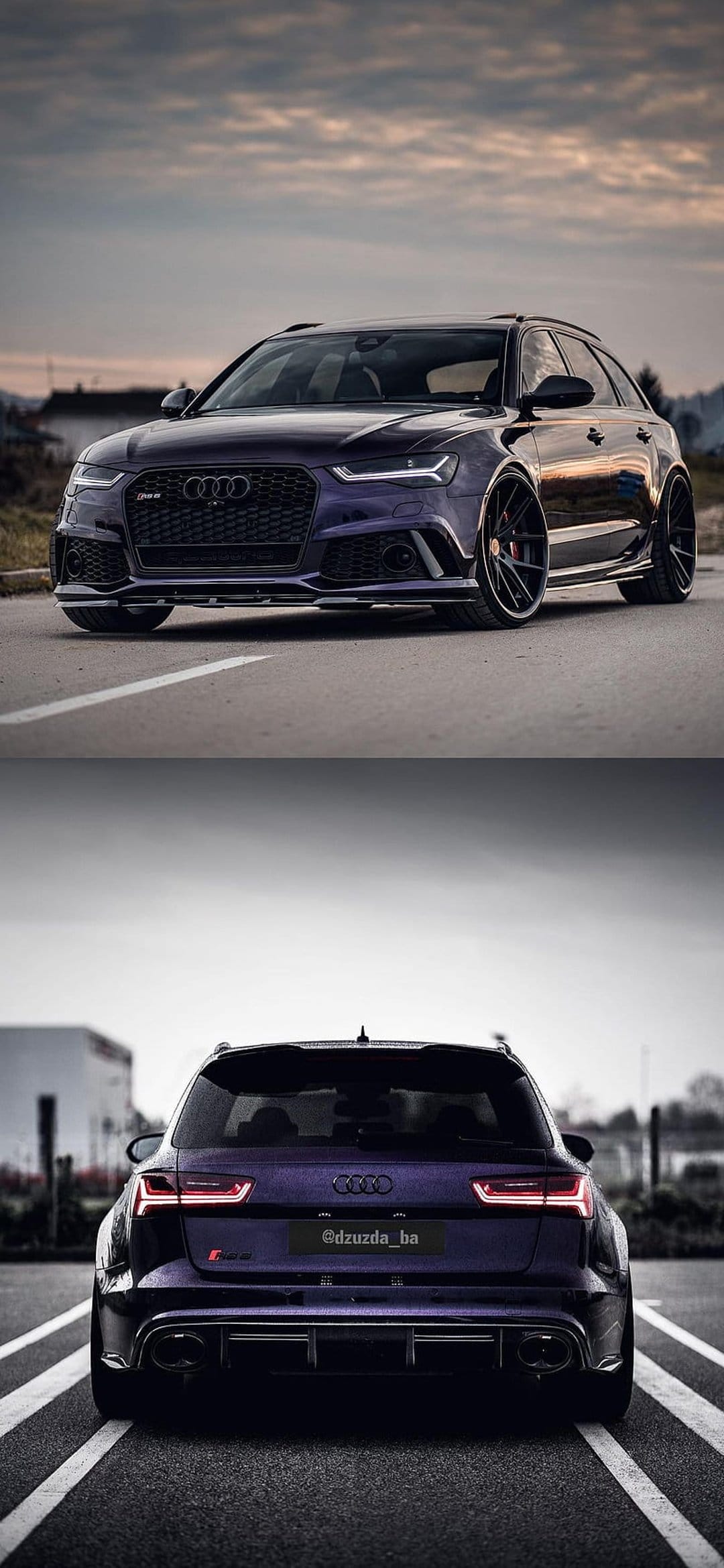 Deep purple Audi RS6 Avant parked on asphalt showing aggressive styling and black wheels under a dramatic sky.