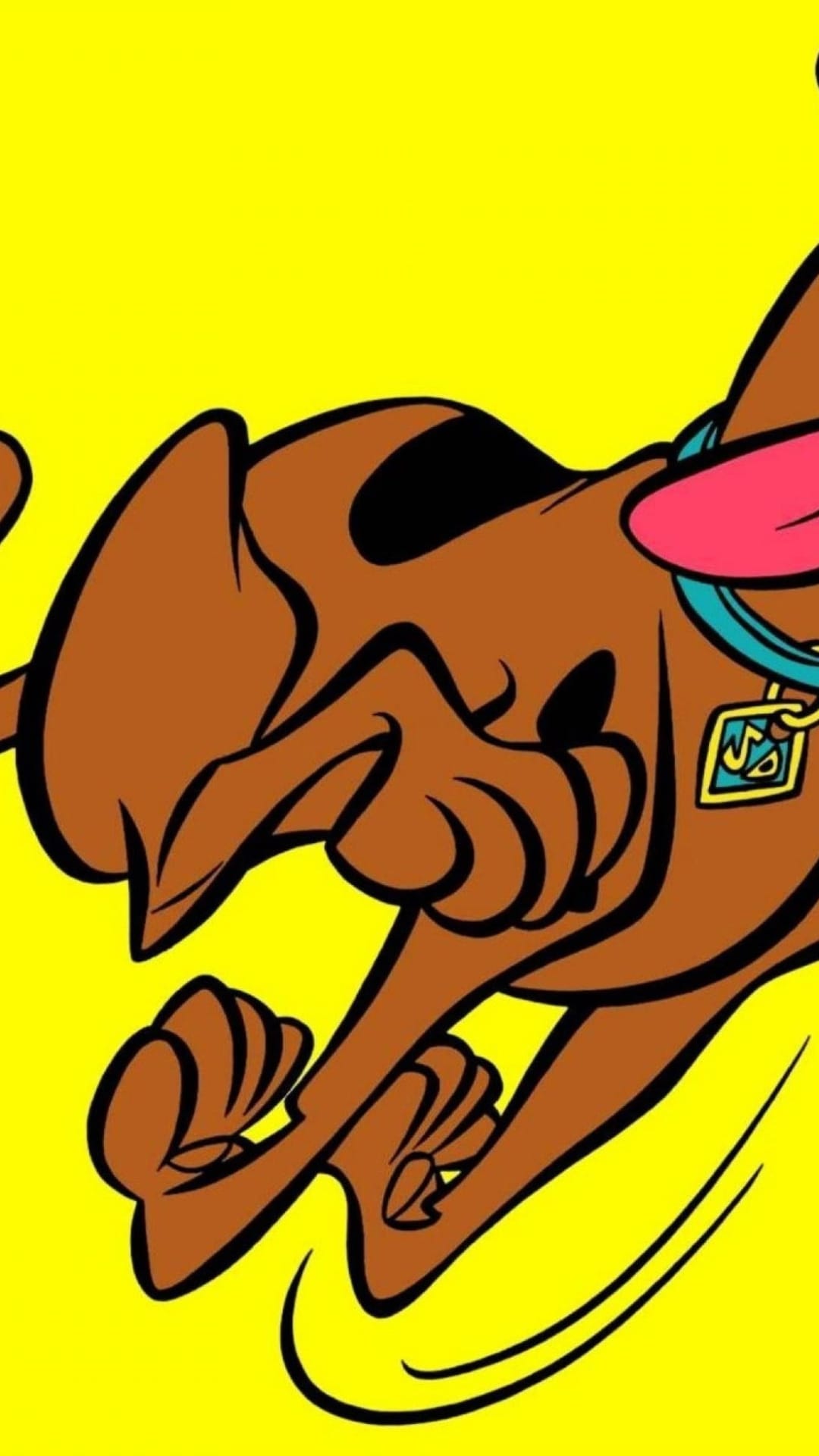 Scooby-Doo runs across a vibrant yellow background with his tongue out and iconic blue collar clearly visible.