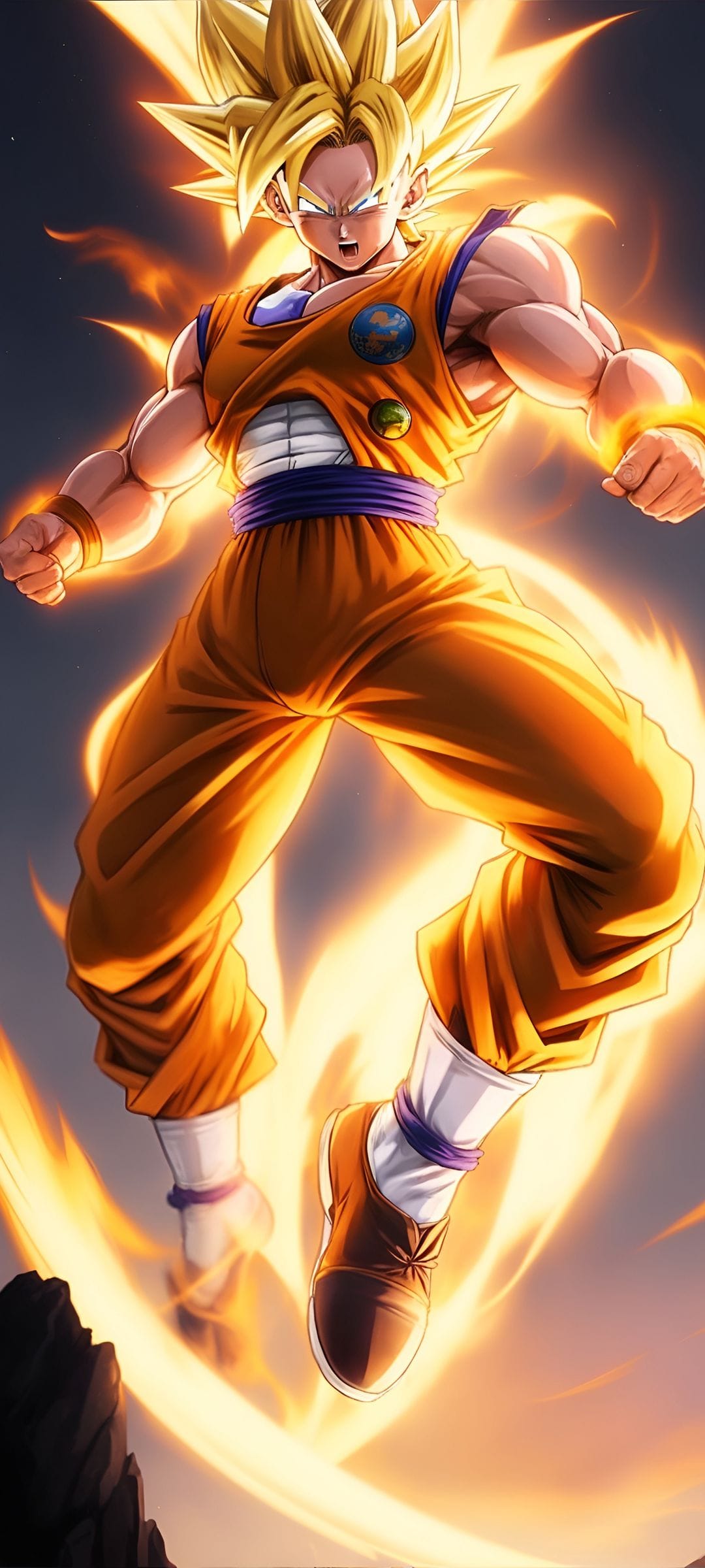 Goku floats mid-air surrounded by a swirling golden aura and fiery energy trails while wearing an orange gi.