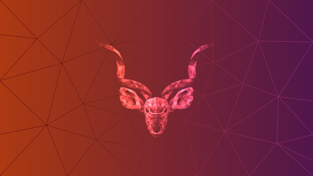 Ubuntu geometric background featuring purple orange polygonal shapes with white brand logo and matte textures.