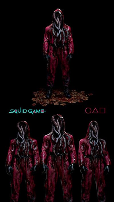 squid game,squid,characters,tentacles,black background,digital art