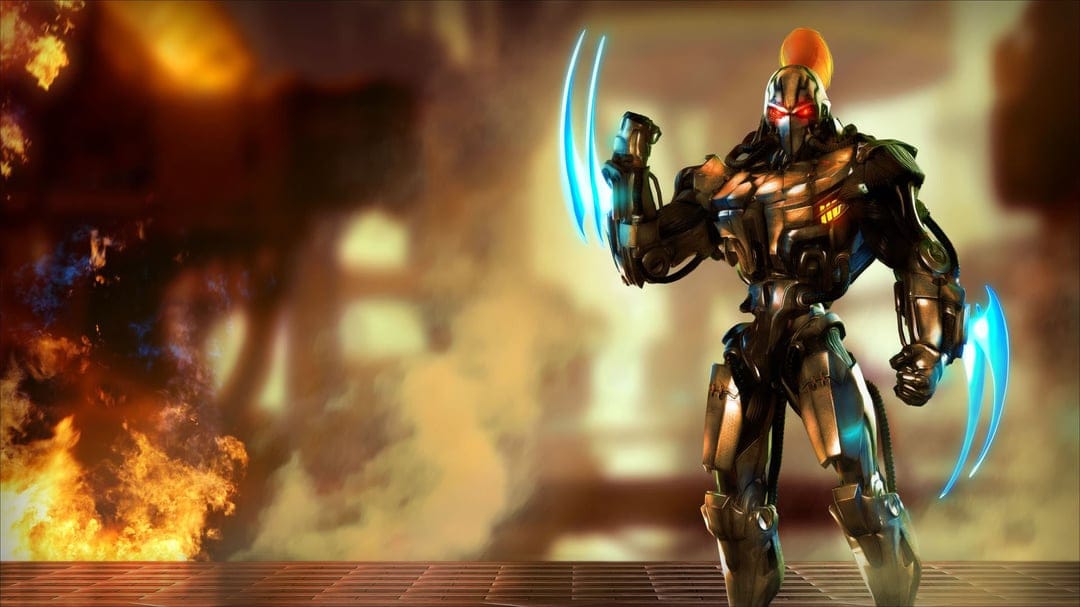 Cyborg warrior with glowing red eyes and blue plasma claws standing in a smoky, fire-filled industrial zone.