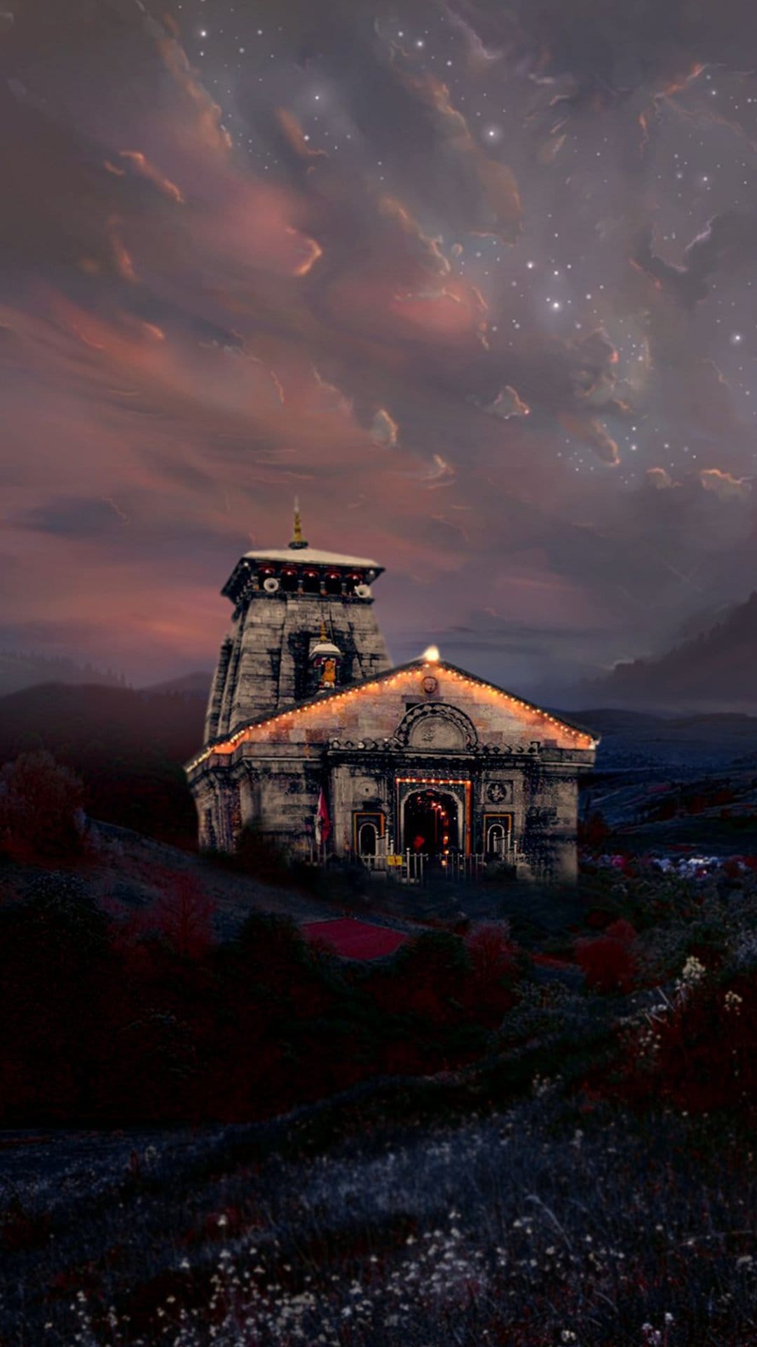 Ancient stone temple with glowing windows stands beneath a swirling purple sky filled with stars and clouds.